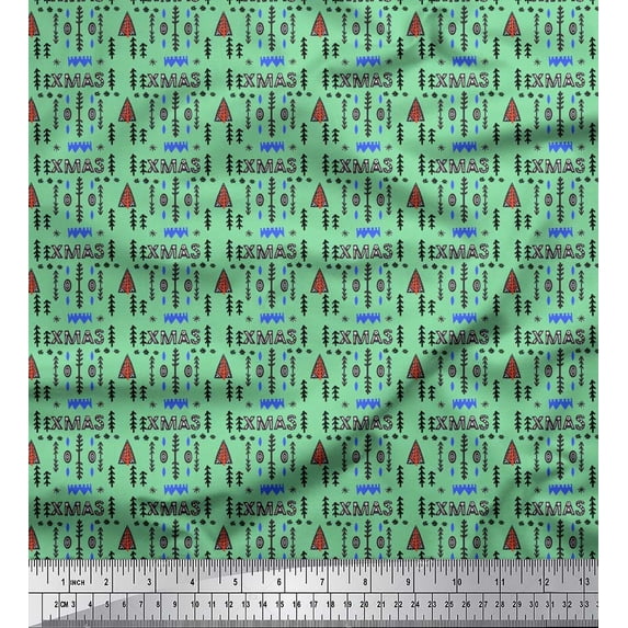 Soimoi Green Rayon Crepe Fabric Text & Christmas Tree Folk Art Decor Fabric Printed Yard 46 Inch Wide