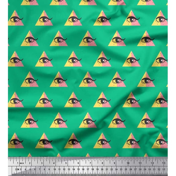 Soimoi Green Rayon Crepe Fabric Triangle & Eyes Face Print Sewing Fabric Yard 46 Inch Wide
