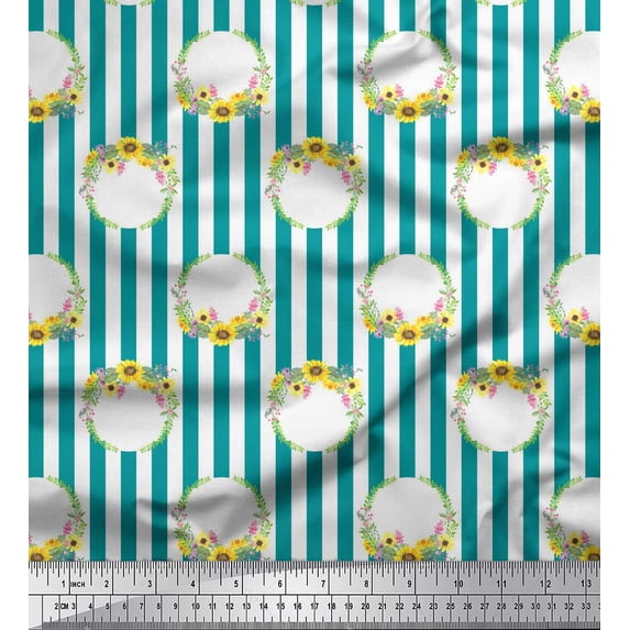 Soimoi Green Rayon Crepe Fabric Wreath & Stripe Printed Craft Fabric by the Yard 46 Inch Wide