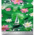 thumbnail image 1 of Soimoi Green Rayon Crepe Fabric Yacht & Lotus Flower Decor Fabric Printed BTY 46 Inch Wide, 1 of 1
