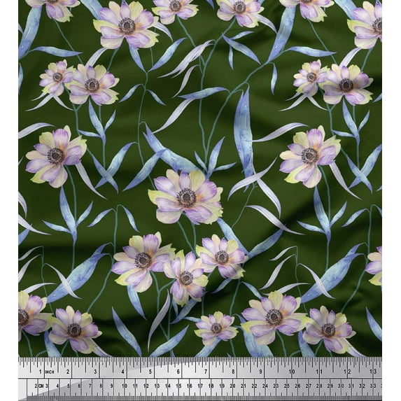 Soimoi Green Rayon Fabric Arrow & Anemone Floral Printed Fabric 1 Yard 42 Inch Wide
