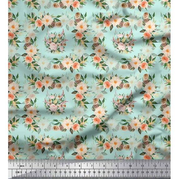 Soimoi Green Rayon Fabric Begonia & Peony Floral Print Fabric by the Yard 58 Inch Wide