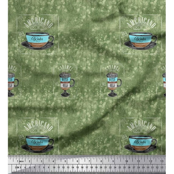 Soimoi Green Rayon Fabric Caramel & Americano Coffee Beverages Print Sewing Fabric Yard 42 Inch Wide