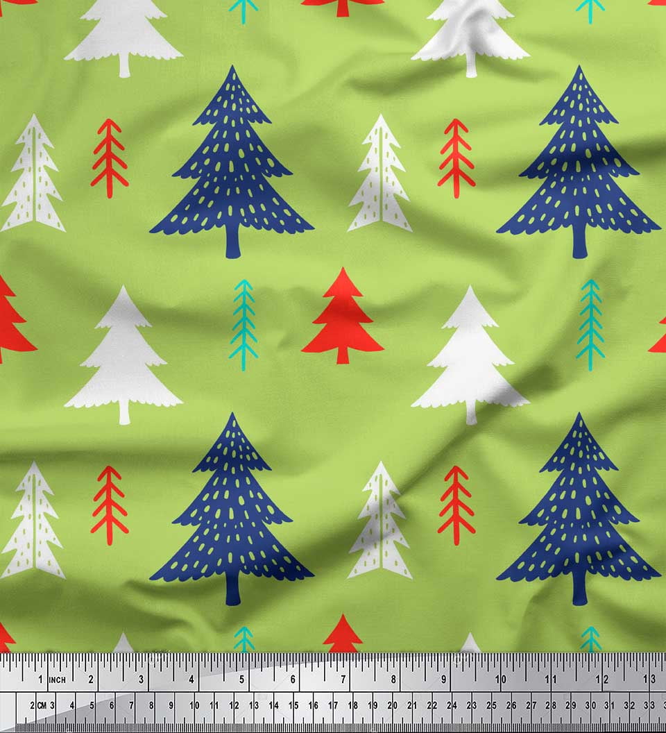 Soimoi Green Rayon Fabric Christmas Tree Decor Fabric Printed Yard 56 Inch Wide