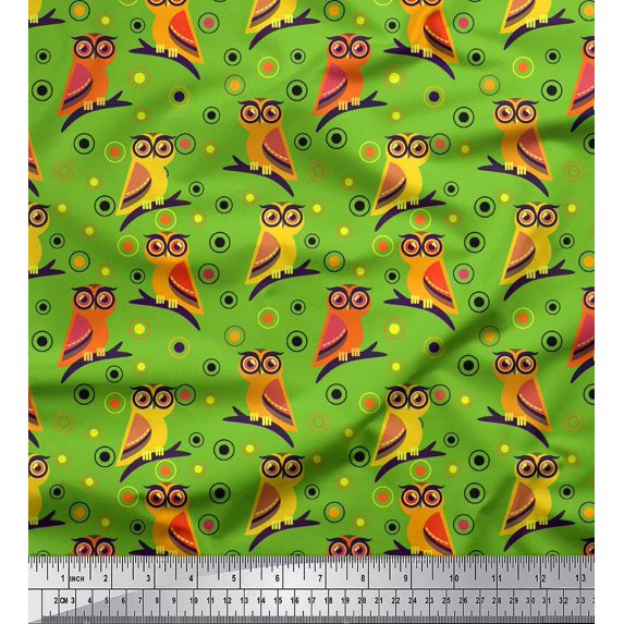 Soimoi Green Rayon Fabric Circle & Owl Cartoon Print Fabric by Yard 42 Inch Wide