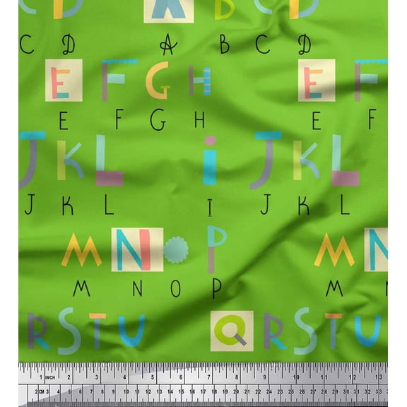 Soimoi Green Rayon Fabric Colorful Alphabets Text Printed Fabric 1 Yard 56 Inch Wide