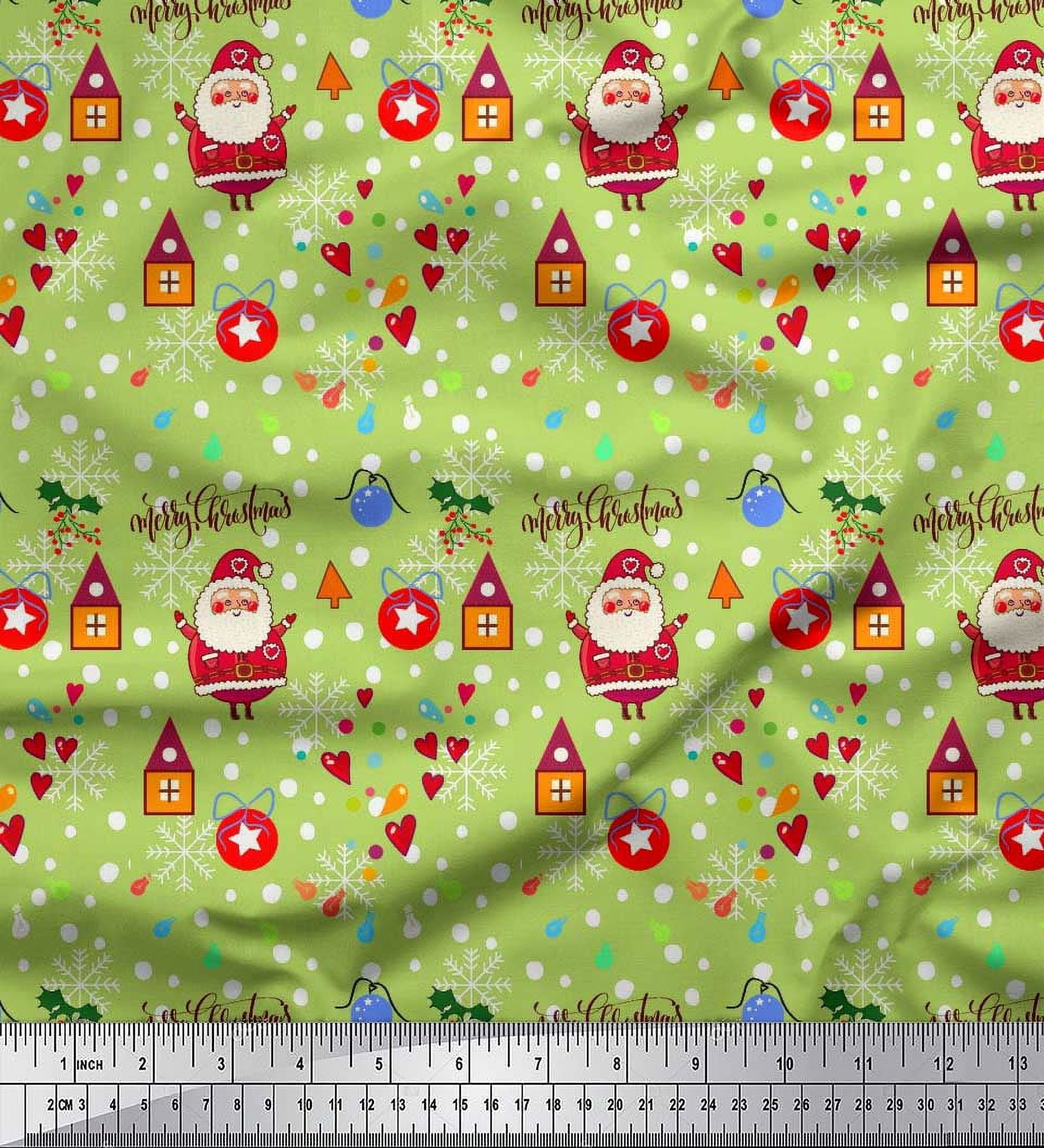Soimoi Green Rayon Fabric Heart,Santa & Baubles Christmas Printed Craft Fabric by the Yard 56 Inch Wide