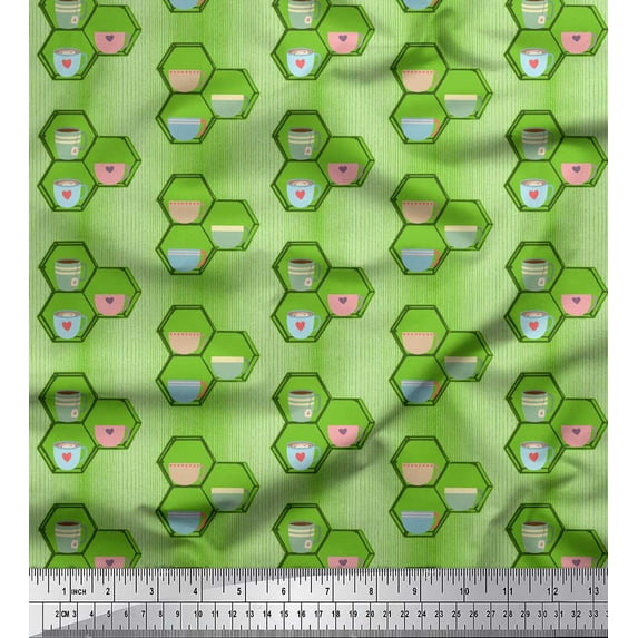 Soimoi Green Rayon Fabric Honeycomb,Coffee & Tea Cup Beverages Printed Fabric 1 Yard 42 Inch Wide