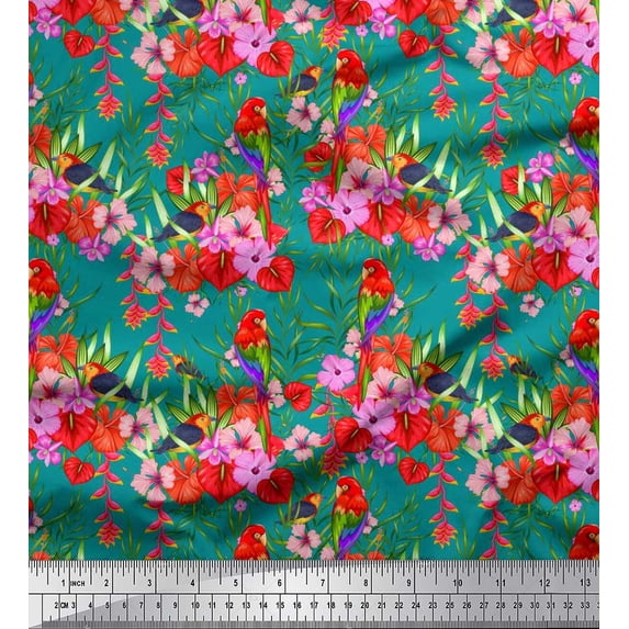 Soimoi Green Rayon Fabric Laceleaf & Macaw Parrot Bird Fabric Prints by Yard 56 Inch Wide