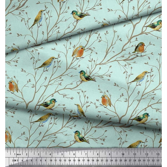 Soimoi Green Rayon Fabric Leaves & Flowerpecker Bird Printed Fabric 1 Yard 42 Inch Wide