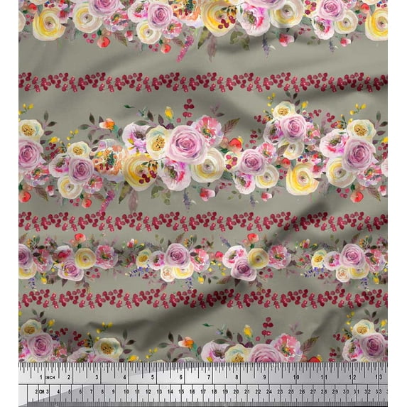 Soimoi Green Rayon Fabric Leaves & Pink Floral Printed Fabric 1 Yard 42 Inch Wide