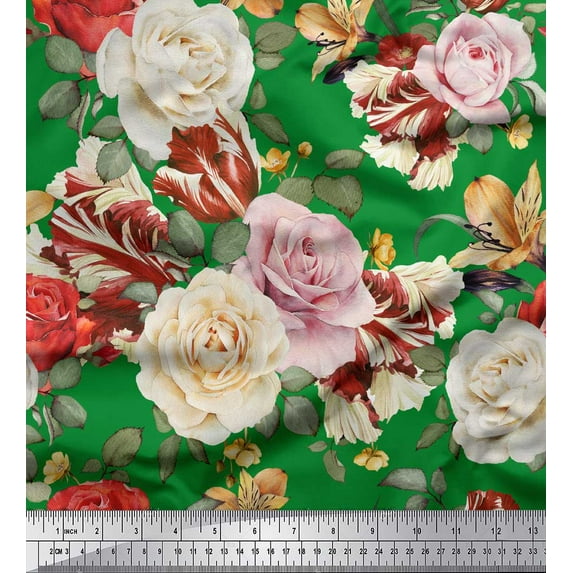 Soimoi Green Rayon Fabric Leaves & Rose Floral Print Sewing Fabric Yard 42 Inch Wide