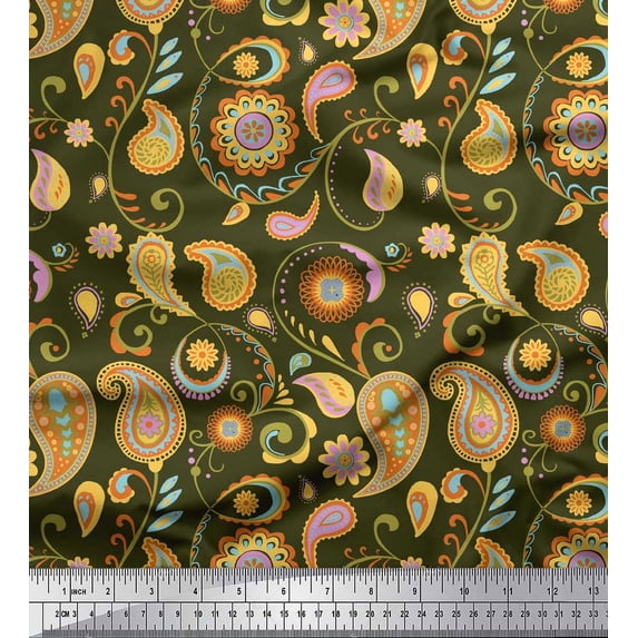Soimoi Green Rayon Fabric Mandala & Paisley Print Sewing Fabric Yard 58 Inch Wide