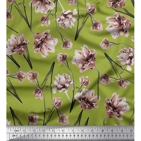 Soimoi Green Rayon Fabric Peach Floral Print Sewing Fabric BTY 42 Inch Wide