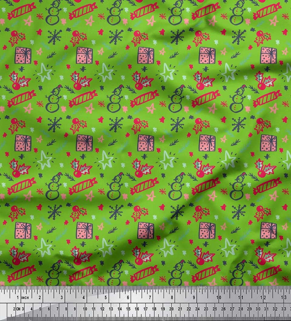 Soimoi Green Rayon Fabric Snowman,Candies & Gift Box Christmas Decor Fabric Printed Yard 56 Inch Wide