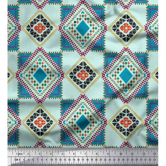 Soimoi Green Rayon Fabric Square Geometric Print Fabric by the Yard 56 Inch Wide