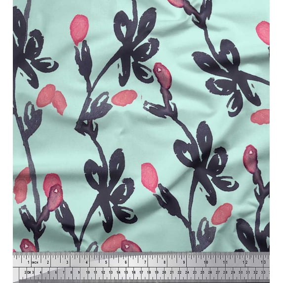 Soimoi Green Rayon Fabric Stem & Bud Watercolor Fabric Prints By Yard 42 Inch Wide