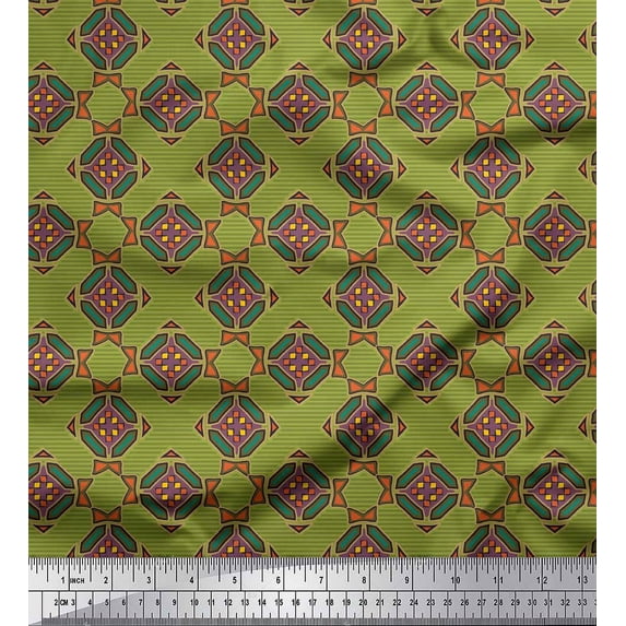 Soimoi Green Rayon Fabric Stripe & Diamond Geometric Printed Fabric 1 Yard 56 Inch Wide