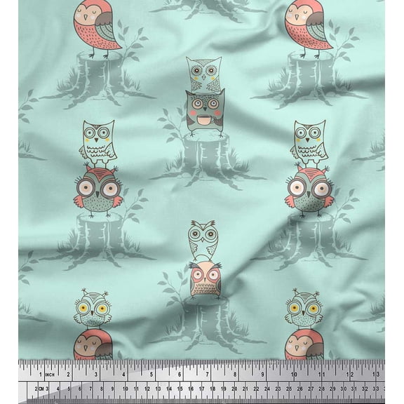 Soimoi Green Rayon Fabric Tree Stump & Owl Cartoon Print Sewing Fabric Yard 42 Inch Wide