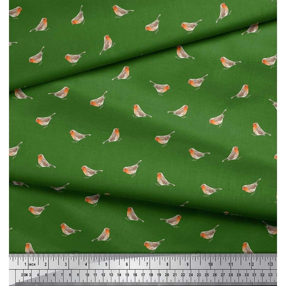 Soimoi Green Silk Fabric American Robin Bird Print Fabric by The Yard 42 Inch Wide