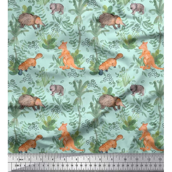 Soimoi Green Silk Fabric Animals Jungle Print Fabric by Yard 42 Inch Wide