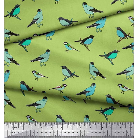 Soimoi Green Silk Fabric Artistic Bird Print Fabric by the Yard 44 Inch Wide