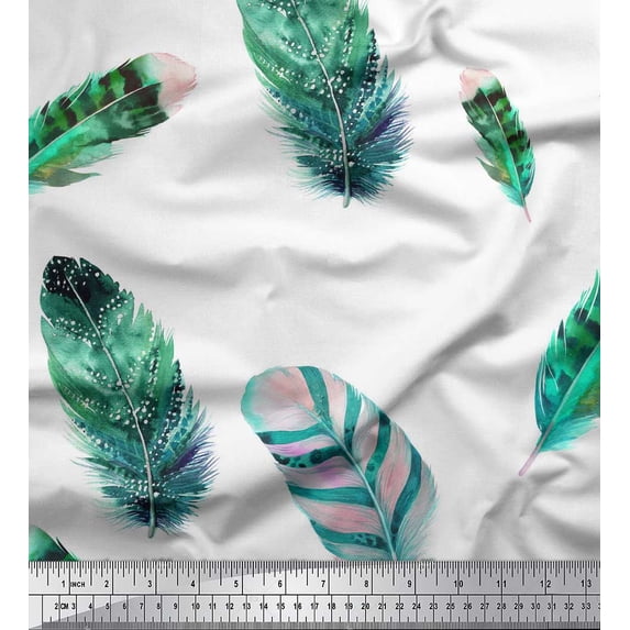 Soimoi Green Silk Fabric Artistic Feather Decor Fabric Printed Yard 42 Inch Wide