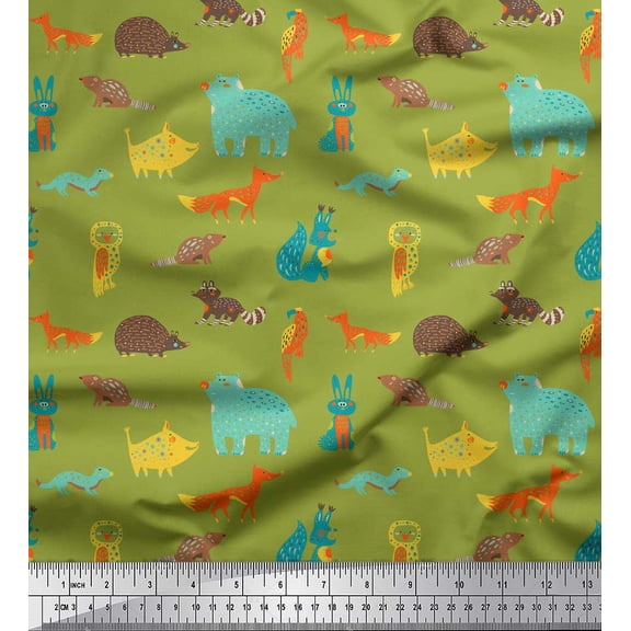 Soimoi Green Silk Fabric Bird & Animals Cartoon Printed Fabric 1 Yard 42 Inch Wide