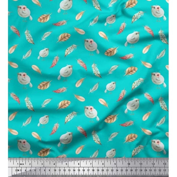Soimoi Green Silk Fabric Bird & Feather Print Fabric by Yard 42 Inch Wide