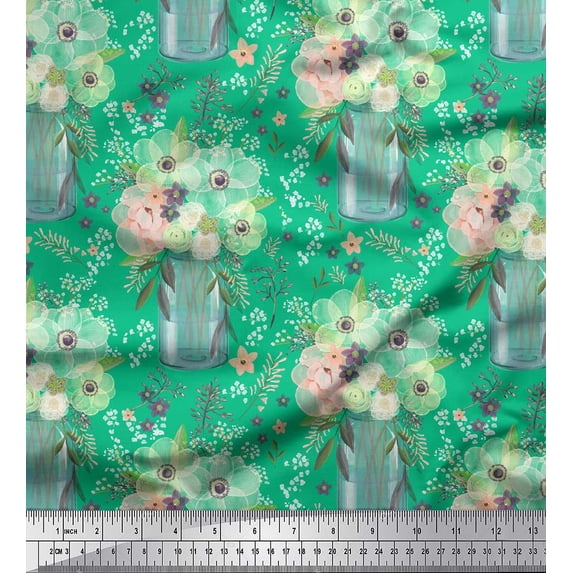Soimoi Green Silk Fabric Bottle Vase & Anemone Floral Print Fabric by the Yard 42 Inch Wide