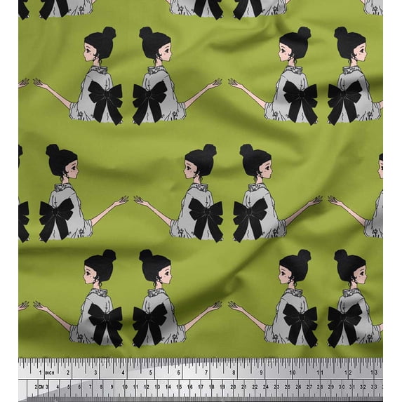 Soimoi Green Silk Fabric Bow & Chinese Women Print Fabric by the Yard 42 Inch Wide