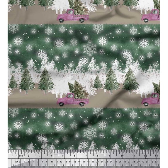 Soimoi Green Silk Fabric Car & Pine Tree Nature Print Fabric by Yard 42 Inch Wide