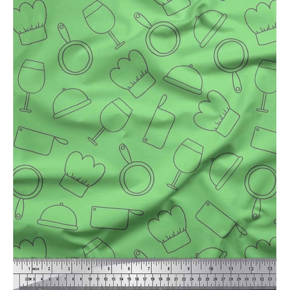 Soimoi Green Silk Fabric Chef Cap & Fry Pan Kitchen Print Fabric by the Yard 42 Inch Wide