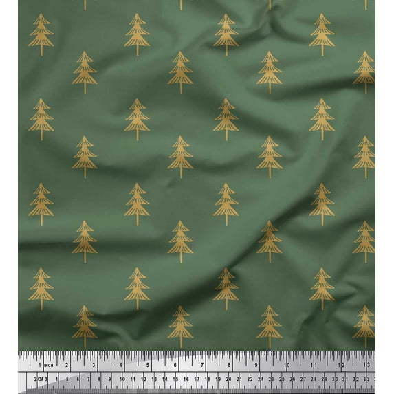 Soimoi Green Silk Fabric Christmas Tree Print Fabric by Yard 42 Inch Wide
