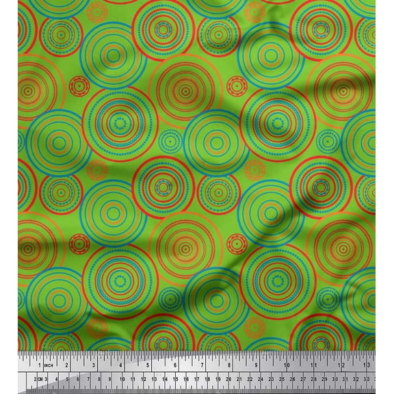 Soimoi Green Silk Fabric Circle Art Geometric Printed Fabric 1 Yard 42 Inch Wide