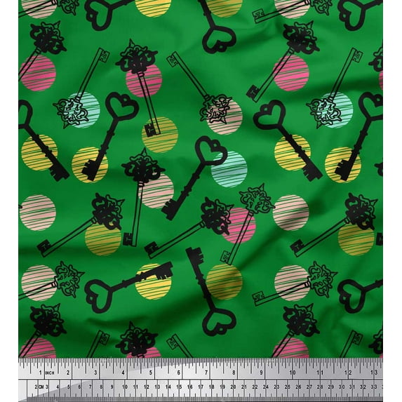Soimoi Green Silk Fabric Circle & Keys Victorian Style Print Sewing Fabric BTY 42 Inch Wide