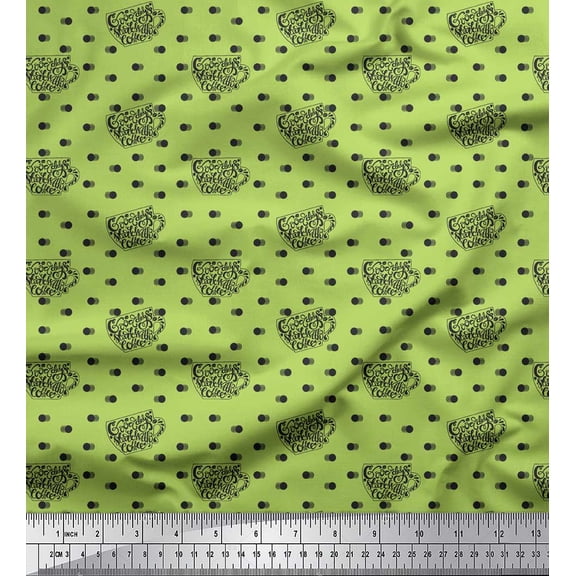 Soimoi Green Silk Fabric Dot & Good Day Start With Coffee Text Fabric Prints By Yard 42 Inch Wide