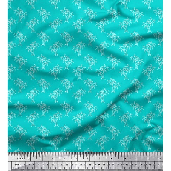 Soimoi Green Silk Fabric Dots & Palm Tree Printed Fabric 1 Yard 44 Inch Wide