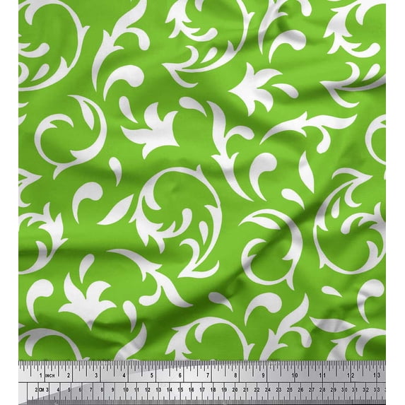 Soimoi Green Silk Fabric Filigree Damask Printed Fabric 1 Yard 42 Inch Wide
