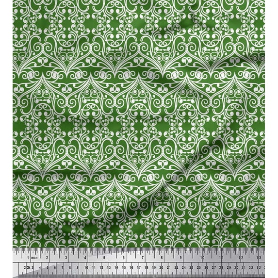 Soimoi Green Silk Fabric Filigree Damask Printed Fabric 1 Yard 42 Inch Wide