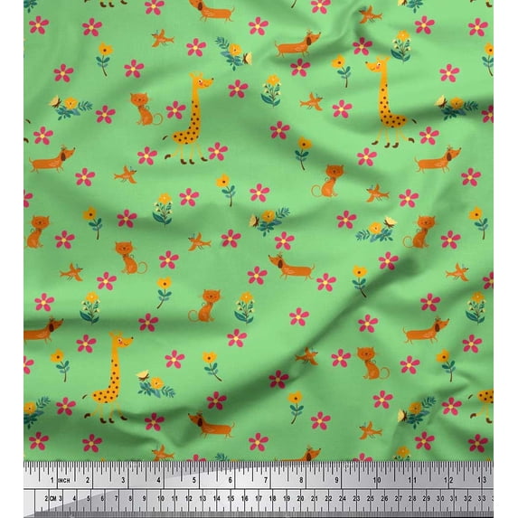 Soimoi Green Silk Fabric Floral,Cat & Giraffe Cartoon Print Fabric by The Yard 42 Inch Wide