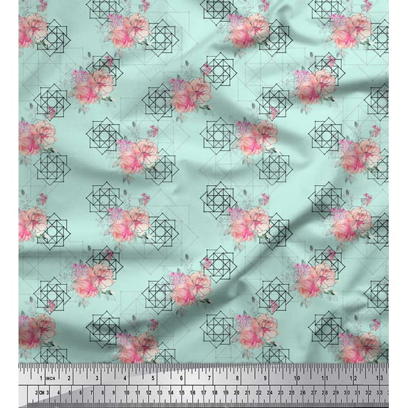 Soimoi Green Silk Fabric Floral & Geometric Decor Fabric Printed BTY 42 Inch Wide