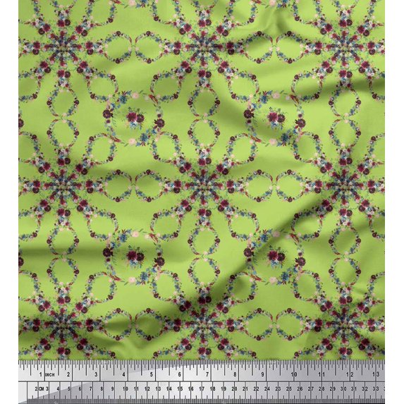 Soimoi Green Silk Fabric Floral Wreath Geometric Print Fabric by the Yard 44 Inch Wide