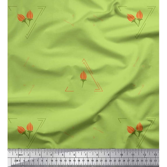 Soimoi Green Silk Fabric Flower Buds & Triangle Geometric Decor Fabric Printed Yard 42 Inch Wide