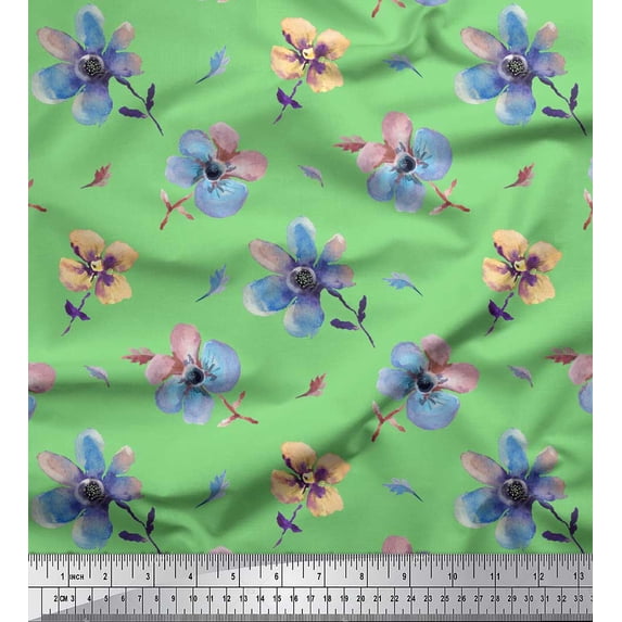 Soimoi Green Silk Fabric Flower Watercolor Fabric Prints By Yard 42 Inch Wide
