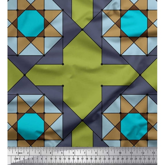 Soimoi Green Silk Fabric Geometrical Star Geometric Print Fabric by the Yard 42 Inch Wide