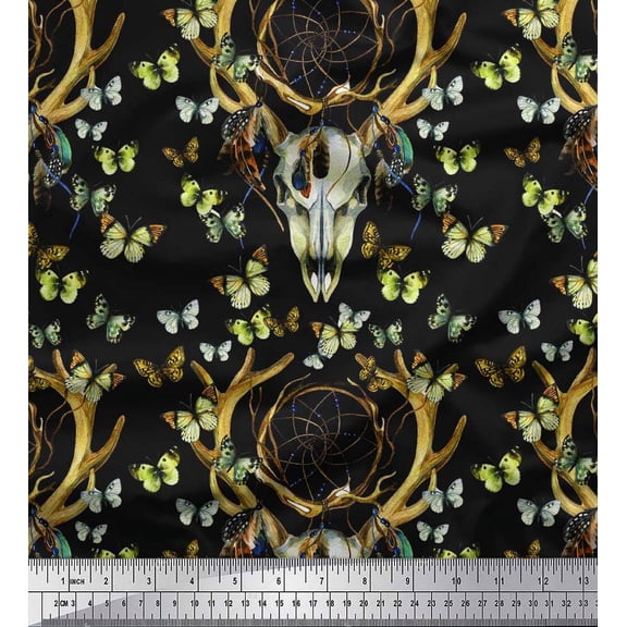 Soimoi Green Silk Fabric Insect,Dream Catcher & Reindeer Face Animal Printed Fabric 1 Yard 42 Inch Wide