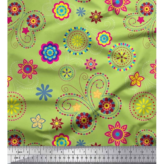 Soimoi Green Silk Fabric Insect & Floral Clip Art Decor Fabric Printed BTY 42 Inch Wide