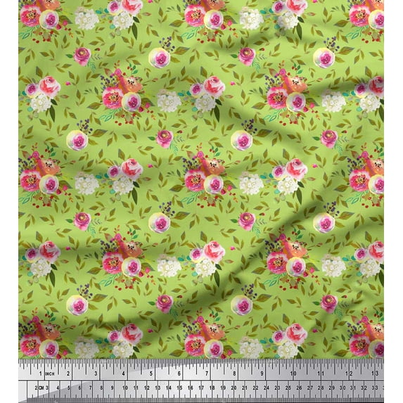 Soimoi Green Silk Fabric Leaf Floral Print Fabric by the Yard 42 Inch Wide
