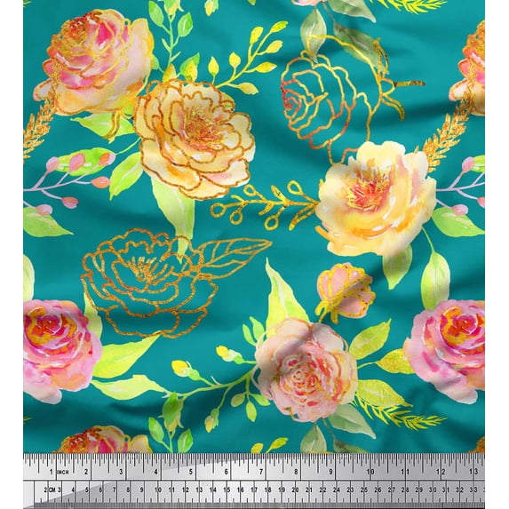 Soimoi Green Silk Fabric Leaves & Begonia Floral Print Fabric by Yard 42 Inch Wide